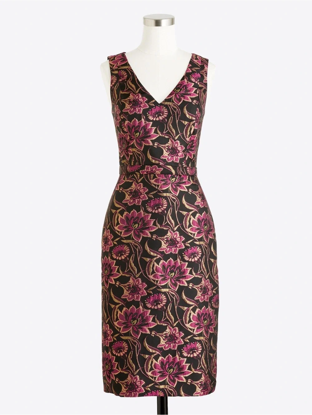 J. Crew Floral Jacquard V-Neck Sheath Dress in Black and Pink Classic